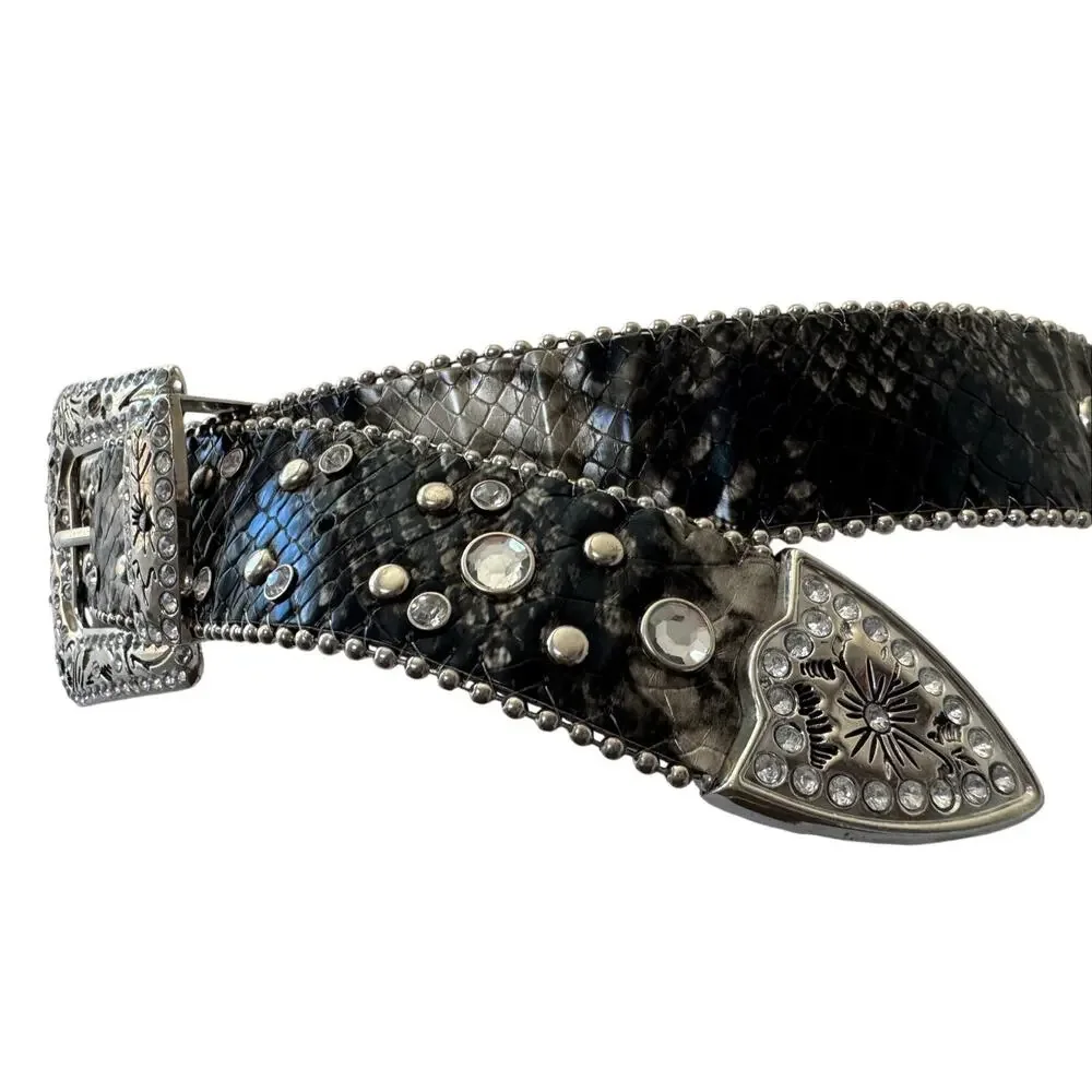 Black Faux Snakeskin Belt w/ Silver Hardware, Crosses & Rhinestones